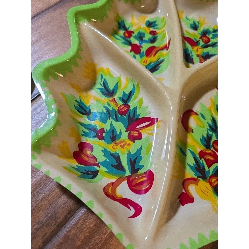 Vintage Leaf Molded Plastic Christmas Serving Tray Platter Divided